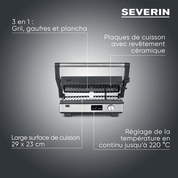 3-i-1 multifunktionsgrill - SEVERIN - KG 2380 - 2000 W - 3 uppsättningar tallrikar - LED-display - Svart/Rostfritt stål