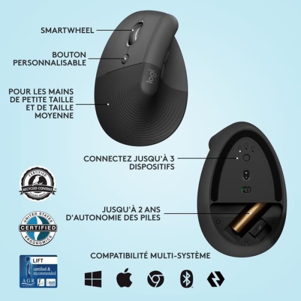 Logitech Lift Left Ergonomic Vertical Wireless Mouse för vänsterhänt, Bluetooth eller Logi Bolt USB-mottagare, Tyst