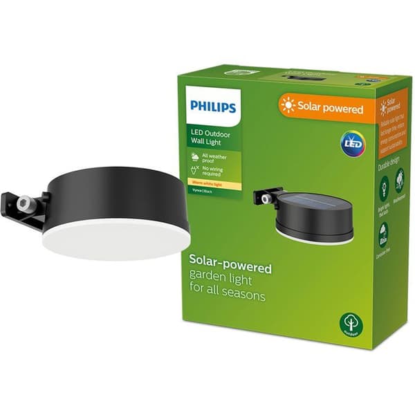Vägglampa - PHILIPS - Vynce - Solcellsdriven rund - Svart