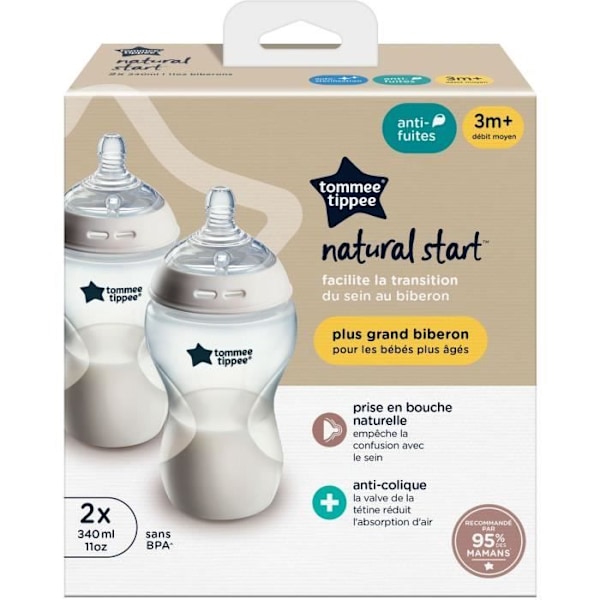 Nappflaskor - TOMMEE TIPPEE - NATURLIG START - 340 ml - Anti-kolik - Napp som imiterar bröstets form - Set om 2