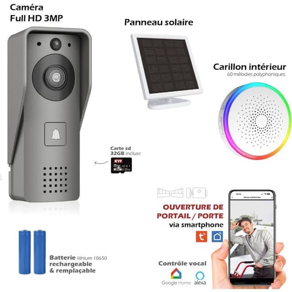Videodörrklocka - KYF - Wi-Fi - Laddningsbar med solpanel - Inomhusringklocka och 16 GB SD-kort
