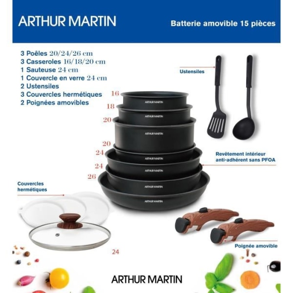 Arthur Martin AM1502 15-delad kokkärlsset - avtagbart handtag i träeffekt - alla värmekällor inklusive induktion
