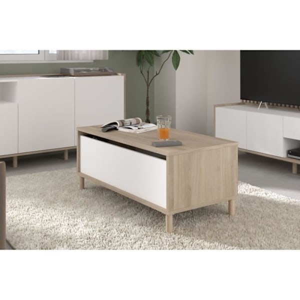 MORPHOS lift-up soffbord - L 100 x D 50 x H 43,6 cm - Rektangulär - Vit / Ek dekor - PARISOT