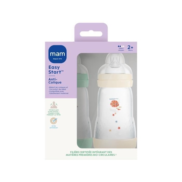 Set med 2 nappflaskor - MAM - Enkel start - Klassisk anti-kolik - 260 ml - Flödeshastighet 2 napp - Mint + Bomull