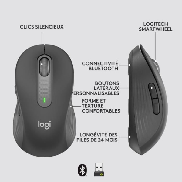 Logitech Signature M650 L trådlös mus - Tyst stor storlek, Bluetooth, programmerbara knappar - grafit