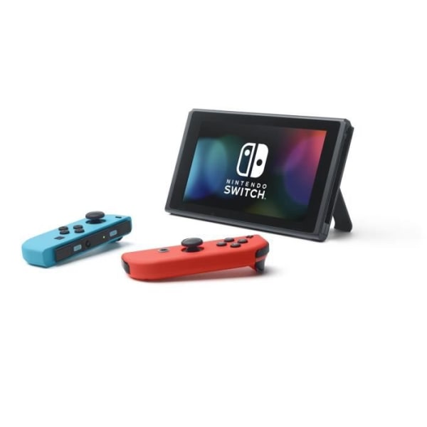 Nintendo Switch Console med en neonröd Joy-Con och en neonblå Joy-Con