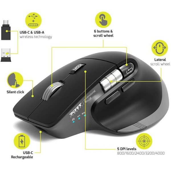 Trådlös mus - PORT Designs - 910203 ULTIMATE - Bluetooth & 2.4 GHz - Uppladdningsbar - Grå