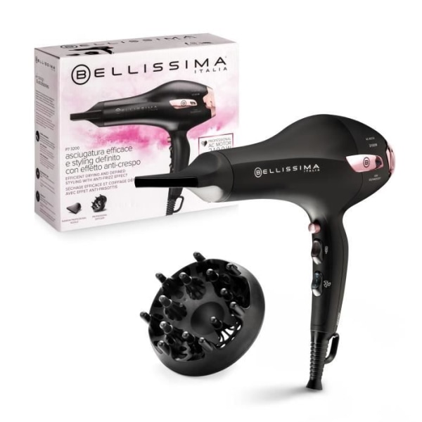 Hårtork - Bellissima - Professional Light Ionic P7 3000 - Koncentrator + Diffusor - 3 snabbtorkande temperaturer - 2100W Svart, Rosa