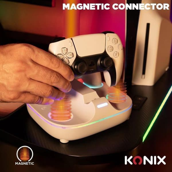 Laddstation för 2 DualSense-kontroller - PS5 - Konix - Snabbladdning - Magnetiska kontakter - Vit