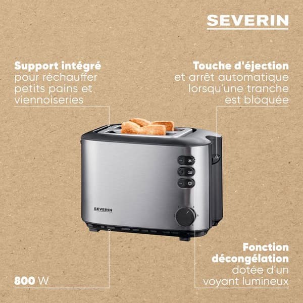 Dobbelt brødrister - SEVERIN - AT2514 - 850 W - Termostat - Sort og børstet rustfrit stål