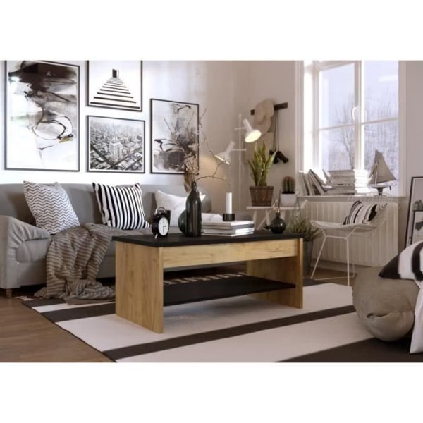 HAPPY Lyftbart soffbord - ek och svart dekor - L 100 x D 50 x H 44 cm