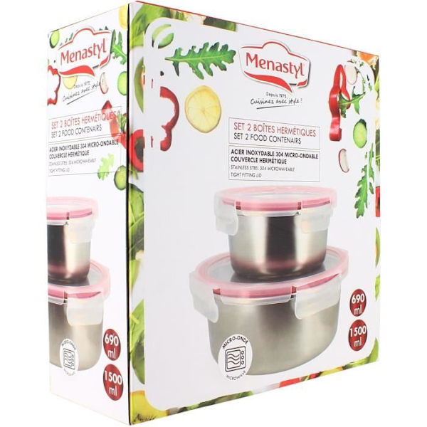 Set med 2 lufttäta behållare med lock - MENASTYL - 5040178 - Rostfritt stål - Rund - 15 och 20 cm - Mikrovågssäker