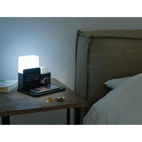 THOMSON CL800i - 4-i-1 väckarklocka och laddstation - Sänglampa med olika intensiteter och färger - Svart