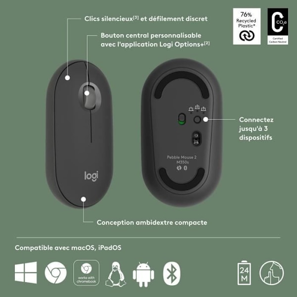 LOGITECH - Trådlös mus - Pebble Mouse 2 M350s - Grafit - (910-007015)