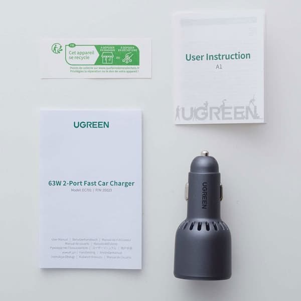Billaddare - UGREEN - 1 USB-C + 1 USB-A - 63W - Grå