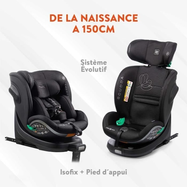 Bilbarnstol - BABYAUTO - SCUDDA GREY DOBBY - Från födsel till 12 år - 0-36 kg - I-Size - ISOFIX - 360° vridbar - ECE R129