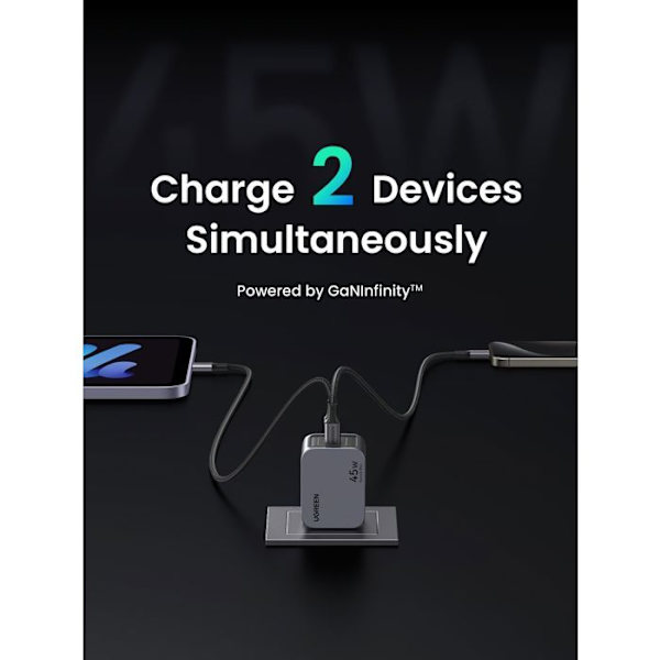 UGREEN Nätadapter - GaN 2 USB-C-portar - 45W - Grå