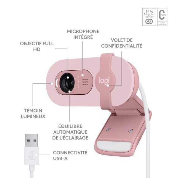 Webbkamera - Full HD 1080p - LOGITECH - Brio 100 - Integrerad mikrofon - Rosa - (960-001623)