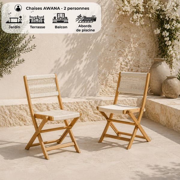 Set med 2 hopfällbara trädgårdsstolar - AWANA - FSC akaciaträ - Flätat rep - 52 x 48 x 85 cm