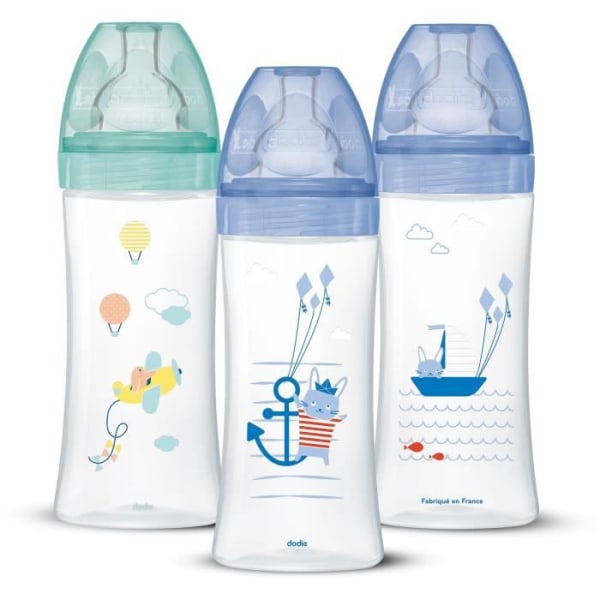 DODIE Set med 3 Sensation+ Anti-kolik nappflaskor 330 ml +6 månader, platt napp, Flow 3 - Havsblå och luftgrön