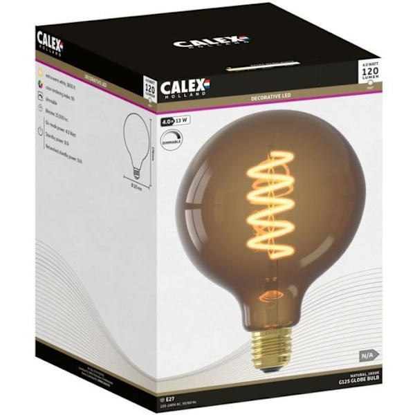 E27 LED-lampa - CALEX - G125 GLOBE - Rak glödtråd - 4 W - 120 lm - 1800 K - Dimbar - Naturlig