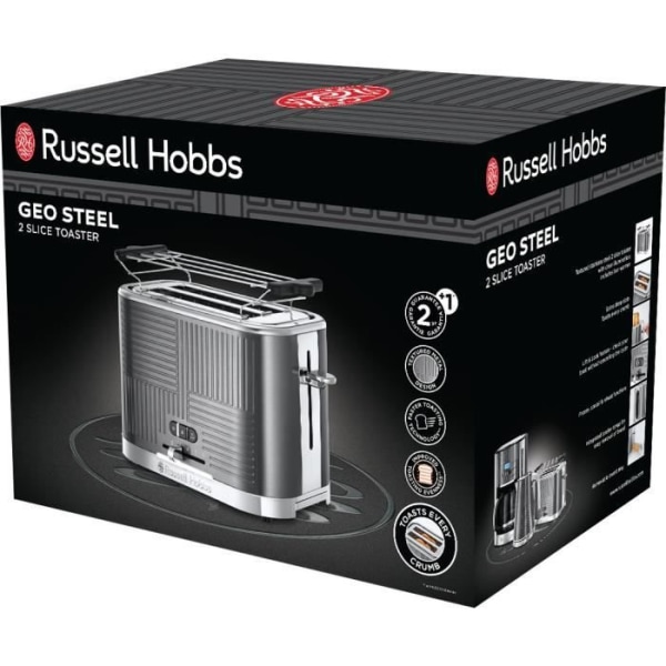 Russell Hobbs 25250-56 Geo Steel brödrost brödrost, 4 funktioner, justerbar temperatur, bakvärmare, tång