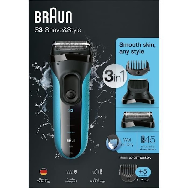 Elektrisk skäggrakapparat för män - BRAUN - Series 3 Shave & Style 3010BT - Wet & Dry-teknik - Svart / Blå