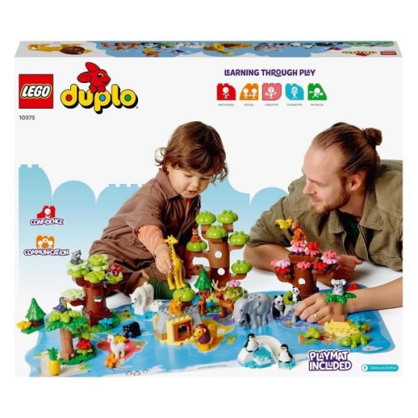 LEGO 10975 DUPLO Wild Animals of the World, pedagogisk leksak för 2-åringar, 22 lejon, rådjur, alpacka minifigurer, med lekmatta