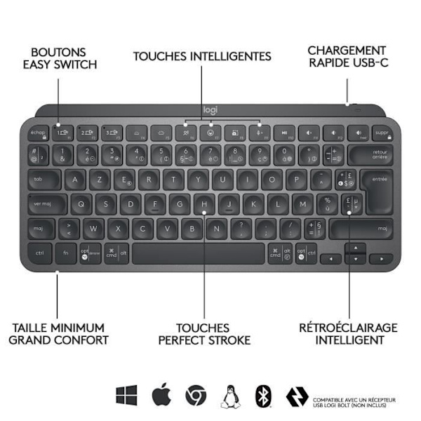 Logitech Wireless Keyboard - MX Keys Mini - GRAPHITE - Kompakt, Bluetooth, bakgrundsbelyst för MAC, iOS, Windows, Linux, Android