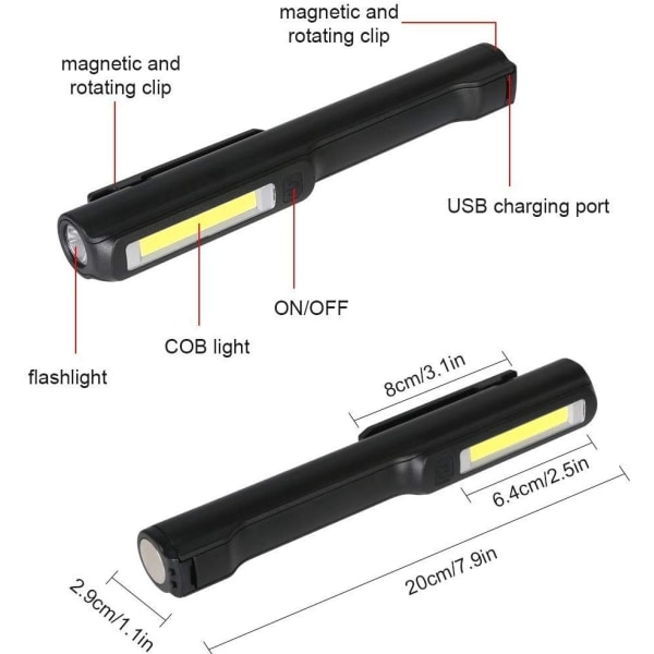 LED arbetslampa, 2 st COB Torch ficklampa 3W USB Uppladdningsbar m