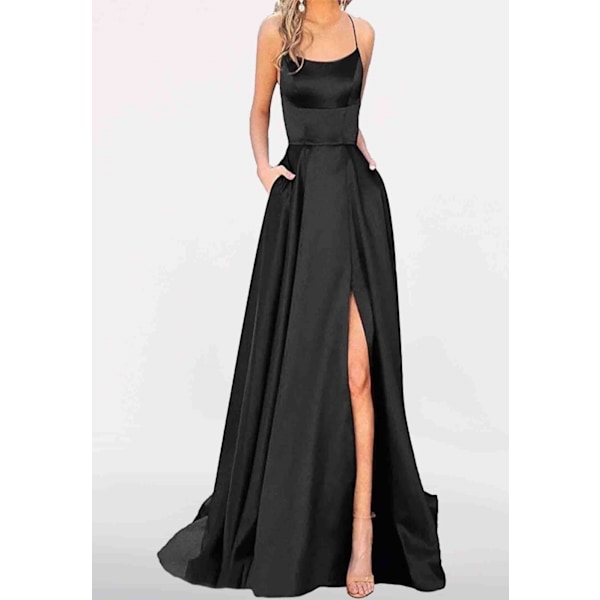 Women's Elegant Long Ball Gowns Satin A-Line Backless Wedding Dress Schwarz L