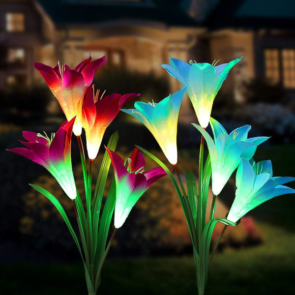 Utomhus Solar Garden Lights 2 Lily Flower Multicolor Change LED Solar Stake Lights Trädgård, uteplats, trädgård