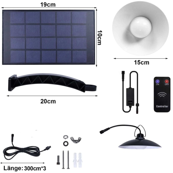 Beinhome Solar Lights för utomhusbruk med fjärrkontroll, Solar hängande lampa, 400 Lumen med 3 m kabel, 2 ljussensorer, IP65 vattentät, 120°