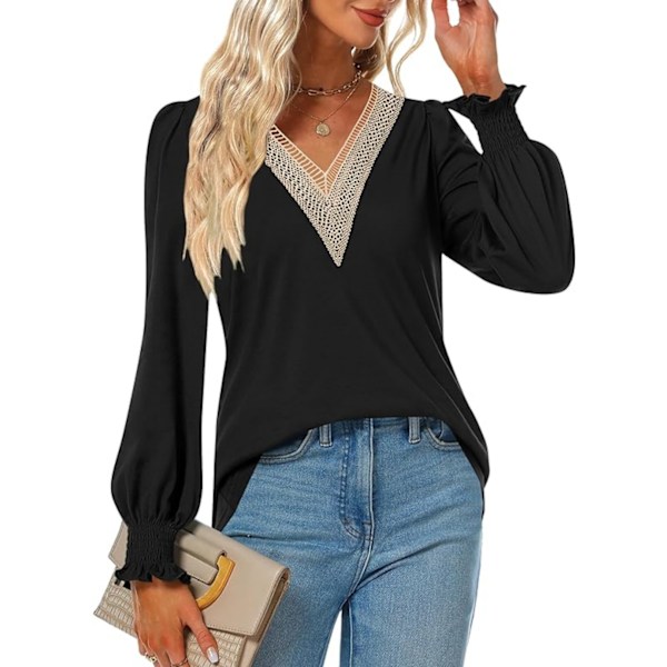 Dam Blus med Spets, V-ringning, Långärmad, Casual, Blommiga Ärmar black L