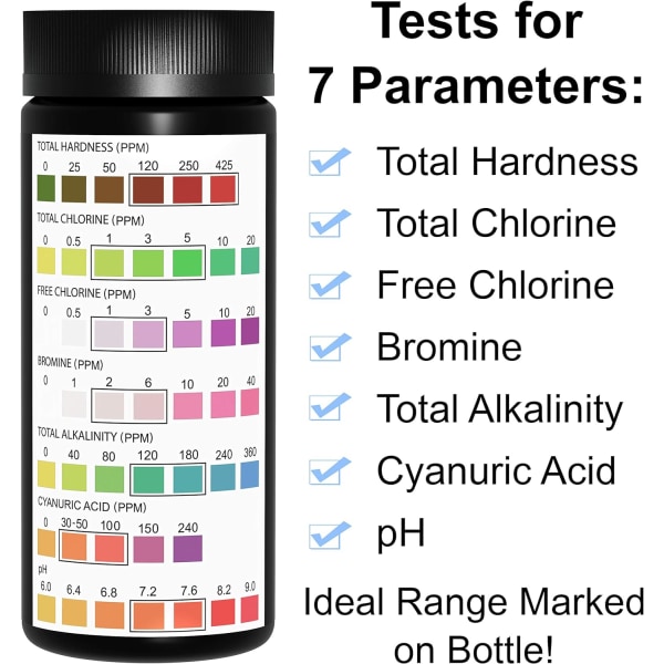 Pool Test Strips, 100 Quick & Accurate Pool and Spa Test Strips, Pool Water Test Kit - Chlorine, Bromine, pH, Hardness,