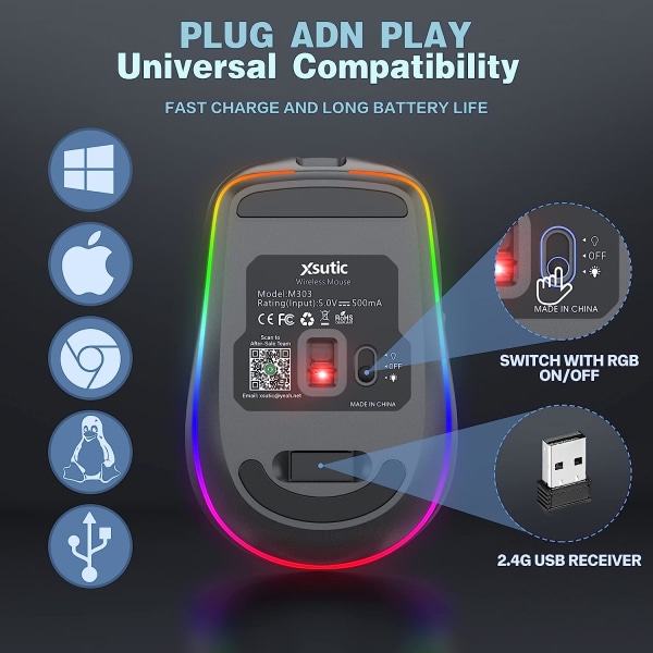 Oppladbar trådløs mus, 2,4G RGB 4 justerbar DPI (maks
