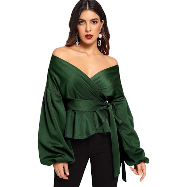 Kvinnors Långärmad V-ringad Rynkad Blus Off Shoulder Tie Midja Wrap Toppar