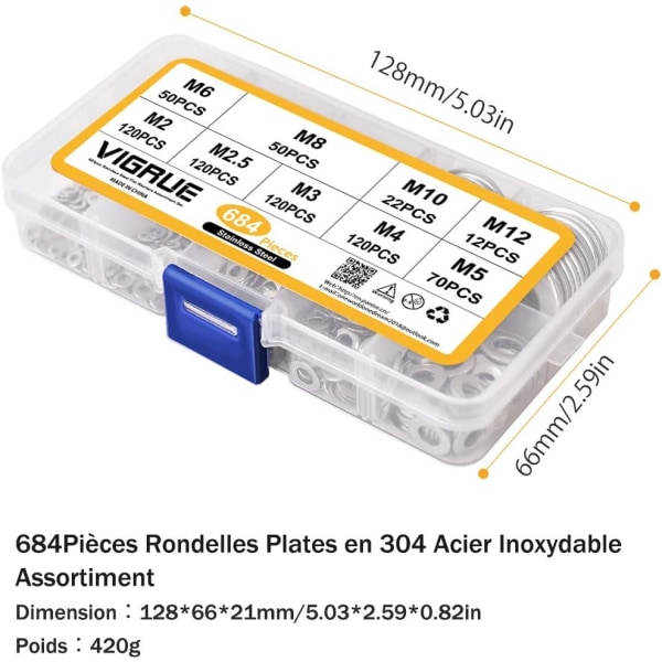 684PCS Rondelles Plates en 304 Acier Inoxydable Assortiment,M2 M