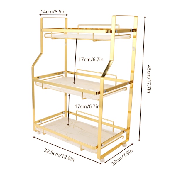 Baderom Oppbevaringshylle Veggmontert Hjørneorganisator Stående Stativ for Stue Soverom Kjøkken Hvit og Gull 3-trinns