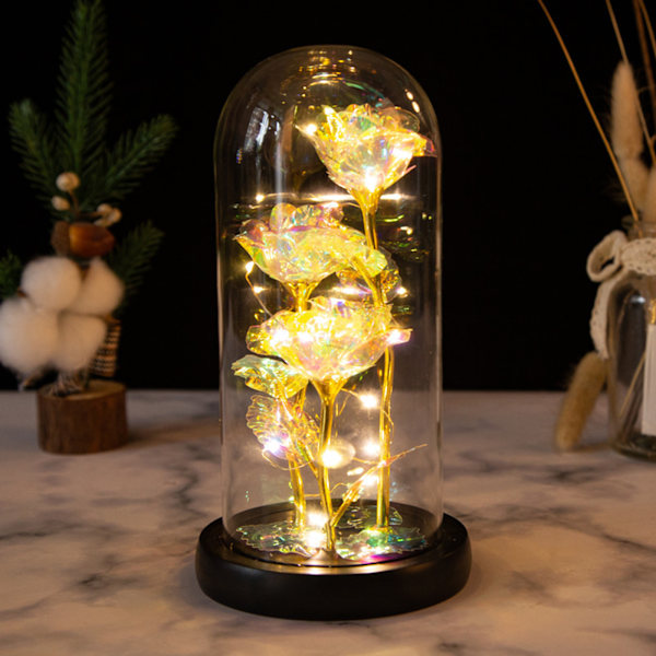 Logg-formet LED-lampe med tre gullfolie-blomster, glassdeksel, julegave, valentinsdaggave, bursdagsgave