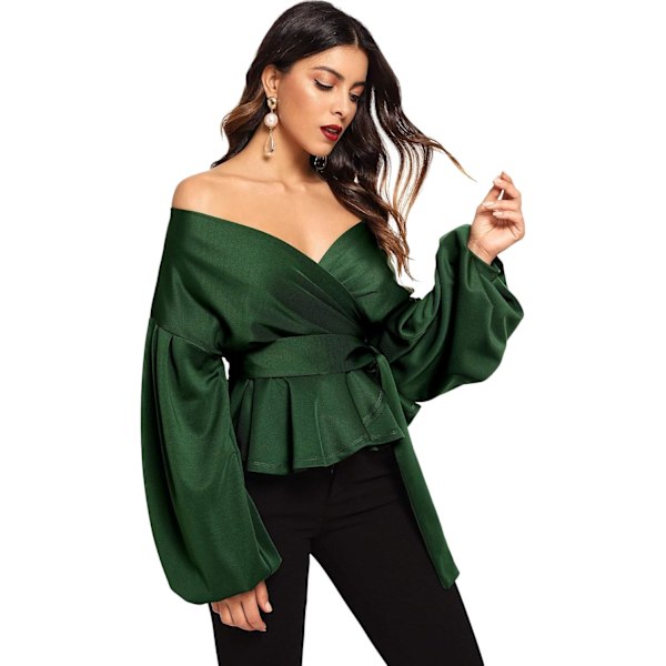 Kvinners Langærmet V-Hals Ruffle Bluse Off Shoulder Tie Midje Wrap Topper Green X-Small