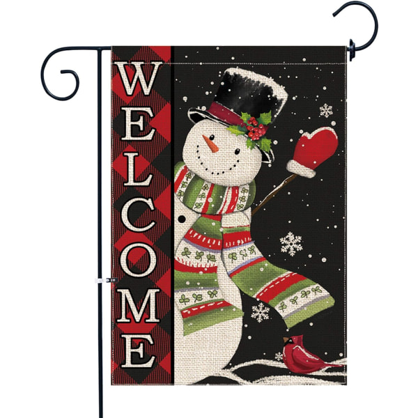 Julehageflagg Snømann Vinter 12 x 18 Dobbeltsidig, Velkommen Buffalo Plaid Julepynt Hageflagg Liten burlap Ferie sesongmessige