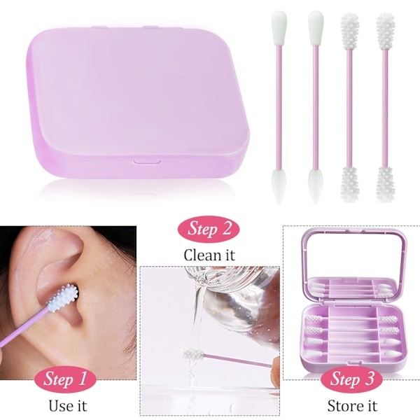 4 Genanvendelige Silikon Vatpinde Bærbare Sidste Vatpind til Øre Rensning Makeup til Kvinder, 2 i 1 Vatpind Sæt med Etui og Kosmetik Spejl