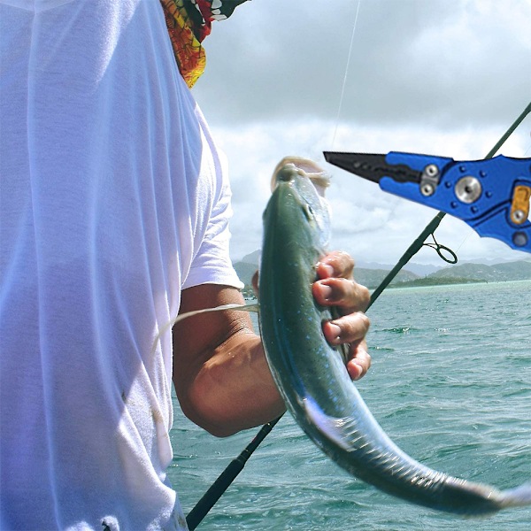 Fiskeredskapsholder Flyaluminium Fiske Tang Splittringsklippere Kroker Fjerner med Skjede (blå)