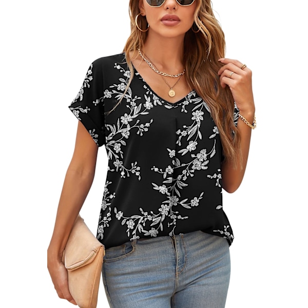 Women's blouse elegant V-neck tunic shirt top chiffon tops black 2XL