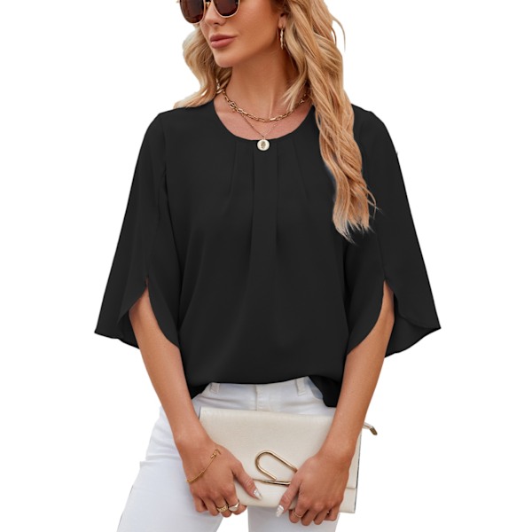 Women's blouse, elegant V-neck, 3/4 sleeves, casual blouses, tunic tops black M