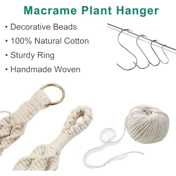 Macrame planteophæng, 4 stykker Macrame plantestøttekurv med 4 hængekroge, håndvævede macrame blomster planteophæng til haven indendørs udendørs