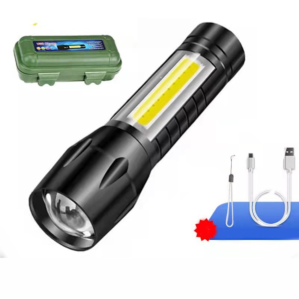 Mini LED Lommelykt USB-lading Multifunksjonell Lommelykt Lys Sterk Håndholdt Vanntett Pennlys for Camping Vandring Plast