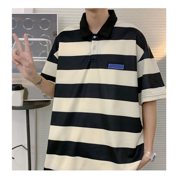 Sort XL Skjorte med Striper, Korte Ermer, Løstsittende, Casual, Nedfellbar Krage, Knapper, Topp, Bluse for Dating