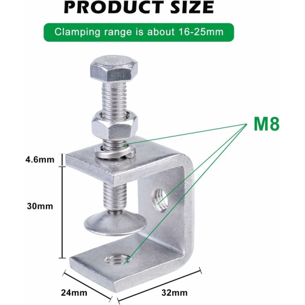 C-klemmer, 8 stykker Heavy Duty C-klemmer Laget av 304 rustfritt stål, rustfritt stål C-klemmer, Heavy Duty C-klemme, Heavy Duty rustfritt stålklemme
